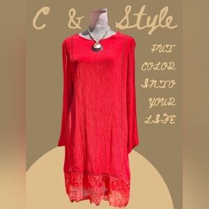 NWT C&Style Women's Size M Knee-Length Long Sleeve Dress - Coral Pink Lace Trim